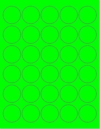 NextDayLabels - Pack of 25 Sheets, 8-1/2 x 11" Fluorescent Labels for Laser & Inkjet Printer (Green Fluorescent, 1.5" Round - 30 per Page, 750 Labels)