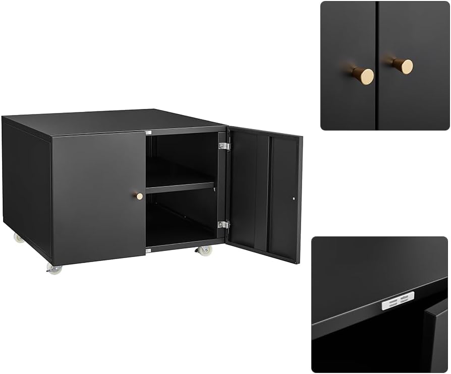 Metal Printer Stand with Storage, Large Black Printer Cabinet with Wheels and Adjustable Shelf for Home Office, Heavy Duty Printer Table