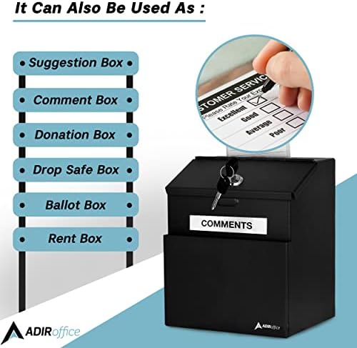 Adir Suggestion Box with Lock - Metal Donation Fundraising Ballot Prayer Box with 55 Free Suggestion Forms Cards & 2 Keys (Wall Mounted - Black)