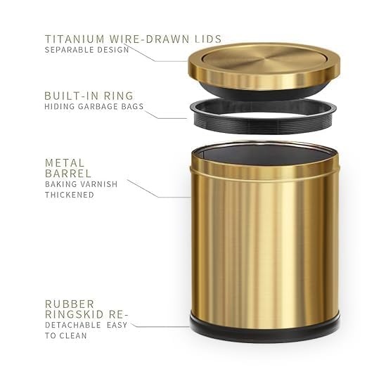 15L/4GAL Gold Bathroom Trash Can, Small Waste Basket with Flipping Lid,Modern Trash can, Golden Trash Can for Bathroom,Kitchen，Living Room,Hotel,Office(Singer Gold)