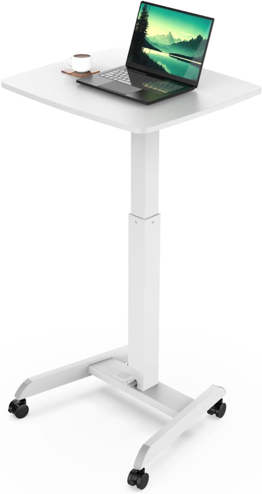 Mount-It! Rolling Laptop Desk Adjustable Height (29.6”-44.2”), Mobile Workstation Cart with 23.6” x 20.5” Desktop, Small Sit-Stand Desk for Home, Office, or Classroom in White