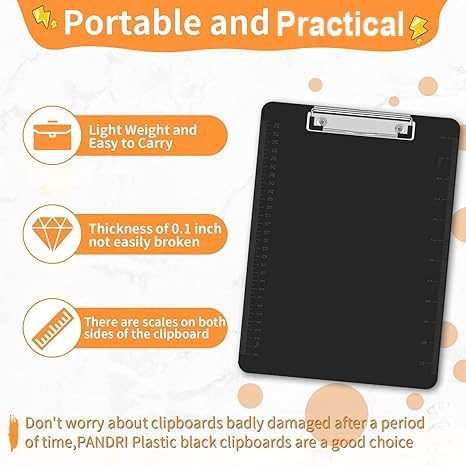 Black Clipboards, PANDRI 12 Pack Plastic Black Clipboards with Low Profile Clip 12.5 x 9 Standard Letter Size Clipboard for classrooms Office