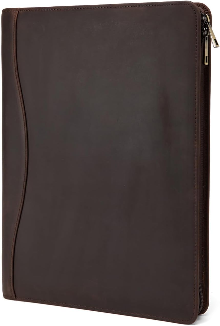 Genuine Leather Portfolio, Legal Size 8.5 x 14 Pad Holder, Business Padfolio for Men and Women, Zippered Laptop Organizer, Executive Professional Work Travel Notepad Folio, Dark Brown