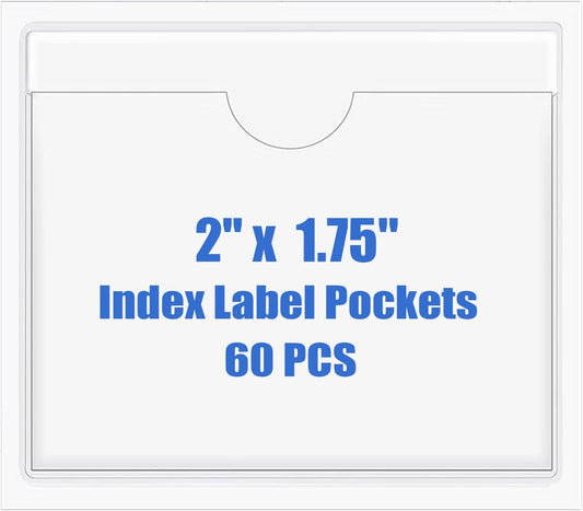 Origin-Joy 60 PCS Self Adhesive Index Card Pockets with Top Open, Clear Plastic Label Holder for Cards of Note, Library and Business, Adhesive Label Pockets & Card Holder (2 x 1.75 inch)