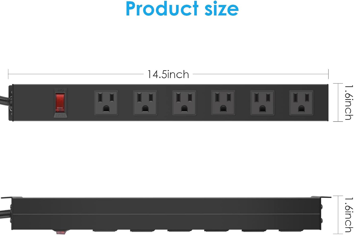 Metal Wall Mount Power Strip, Mountable Power Outlet with 6 AC Outlets, Aluminum Alloy Mount Power Socket with Switch, 10 FT SJT 3/C 14AWG Power Cord, 15A 125V 1875W (6AC) Black