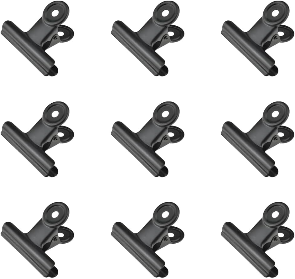 HAHIYO 2.5inch Black Bulldog Clips Metal File Hinge Binder Clips Clamps Save Space Strong Spring Jaws Rock Solid Grip Book Lay Flat Deburred Edge for Hang Photos Wall Grid Dog Food 9PCS