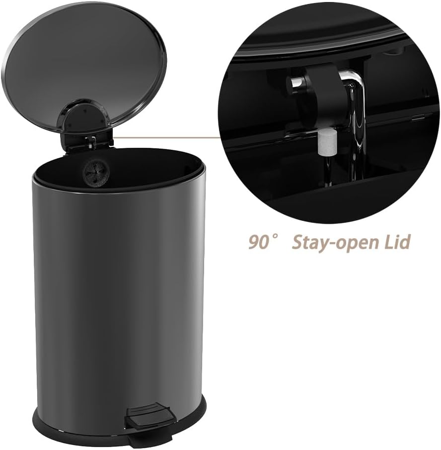 Trash Can with Lid - Assembled in USA 40 Liter/10.5 Gallon Stainless Steel Trash Can with Odor Protection Kitchen Garbage cans with Soft-Close Foot Pedal for Bathroom Home Office, Black