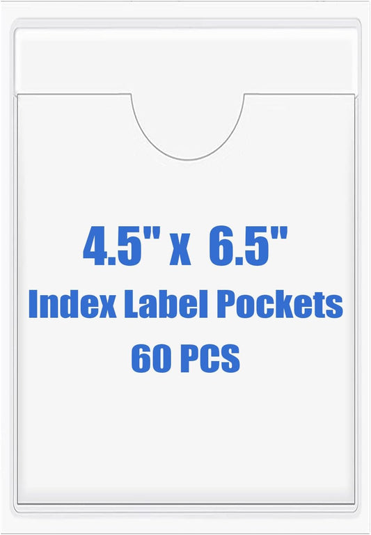Origin-Joy 60 PCS Self Adhesive Index Card Pockets with Top Open, Clear Plastic Label Holder for Cards of Note, Library and Business, Adhesive Label Pockets & Card Holder (4.5 x 6.5 inch)