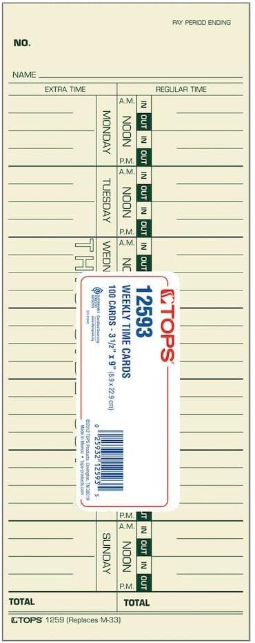 TOPS Time Cards, Weekly, 1-Sided, Replaces M-33, 10-800292, 3-1/2" x 9", Manila, Green Print, 100-Count (12593)