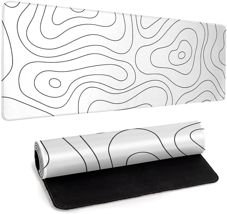 White Large Gaming Mouse Pad Desk Pad Topographic Map Big Keyboard Mat 31.5x11.8inch Computer Mousepad with Stitched Edge Non-Slip Rubber Base