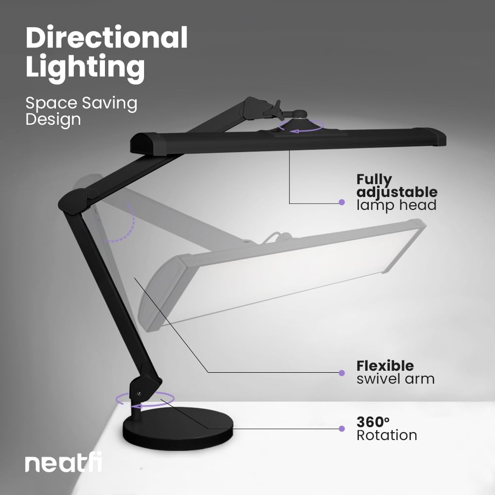 Neatfi Ultra 3,500 Lumen LED Desk Lamp, Color Correlated Temperature, 3 Light Modes, Dimmable, 45W, 26 Inch Wide Metal Shade, 540 SMD LEDs (CCT with Base, Black)