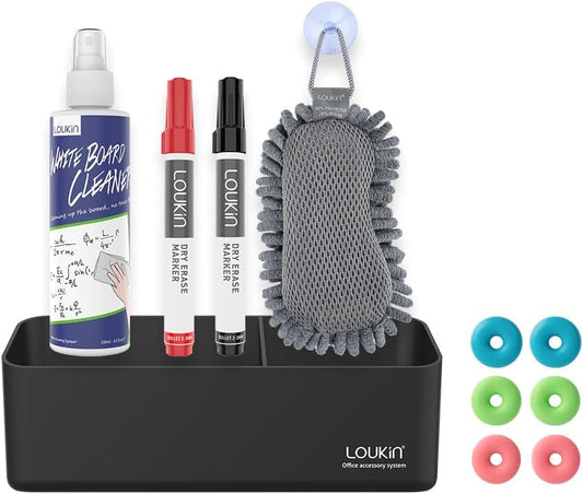 LOUKin Magnetic and Adhesive Marker Holder, Dry Erase Accessory Tray Set (Includes 1 Eraser, 1 Cleaner, 2 Dry Erase Markers and 6 Magnets), Ideal for Office, School or Home Use.