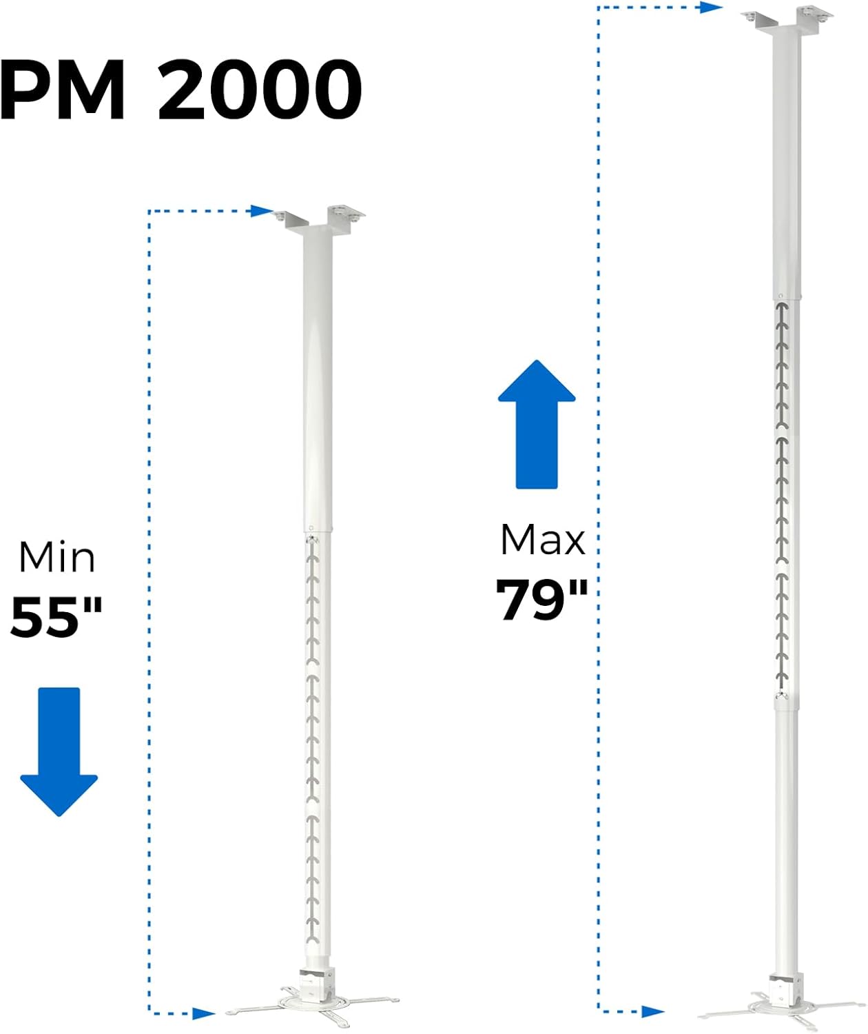 Projector Mount, 55 inch to 79 inch Adjustable Height ,Universal Full Motion Ceiling Bracket 22lb Max Weight and Extendable Arms Tilt Rotating Swivel Mount for Home and Office Projector White