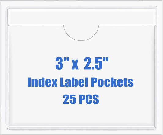 Origin-Joy 25 PCS Self-Adhesive Index Label Pockets, Clear Plastic Peel & Stick Card Holders with Top Open for Loading (3 x 2.5 inch)