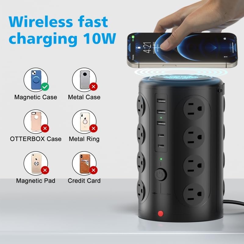 Surge Protector Power Strip,Desk Charging Station with 15W Wireless Charger, Multiple Outlets Charging Station with 16 AC Outlets & 5 USB (2 USB C) Port, for Home, Office, Dorm Room（10FT）