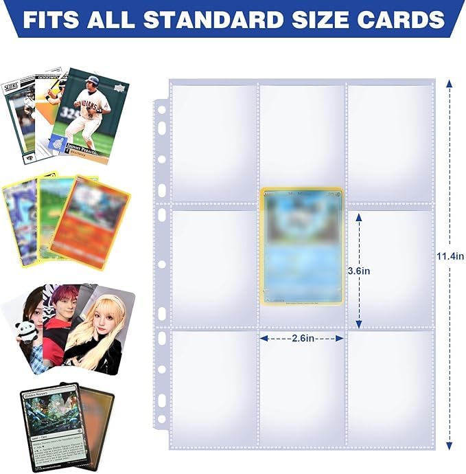 200 Pack 9 Pocket Double Side Card Sleeves Binder Sheets, Holds 3600 Cards, Trading Card Binder Sleeves for 3 Ring Binder, Card Sleeve Pages for Baseball, Football, Business, TCG, Kpop Cards