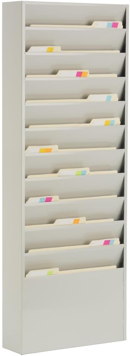 Displays2go Office File Folder Wall Rack, 11 Tiered Pockets, Medical Chart Folders (Putty/Powder Coated Steel)