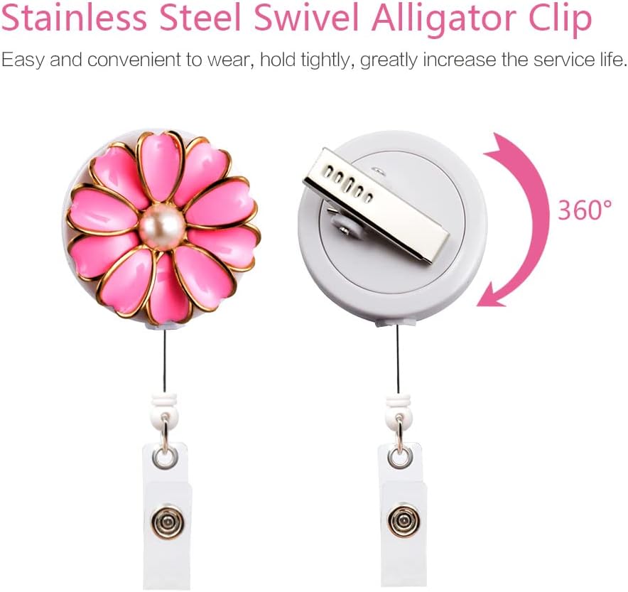 Retractable Badge Holder, ID Badge Reel with Pearl, 3 Pack (Pink)