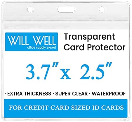 Will Well ID Badge Holders with Holes for Lanyards and Keyrings - Horizontal Clear Plastic 3.7" x 2.5" Inner Size Sleeves Fit Up to 3 Cards, 0.8mm Thick Waterproof Resealable Zip Type - 6-Pack