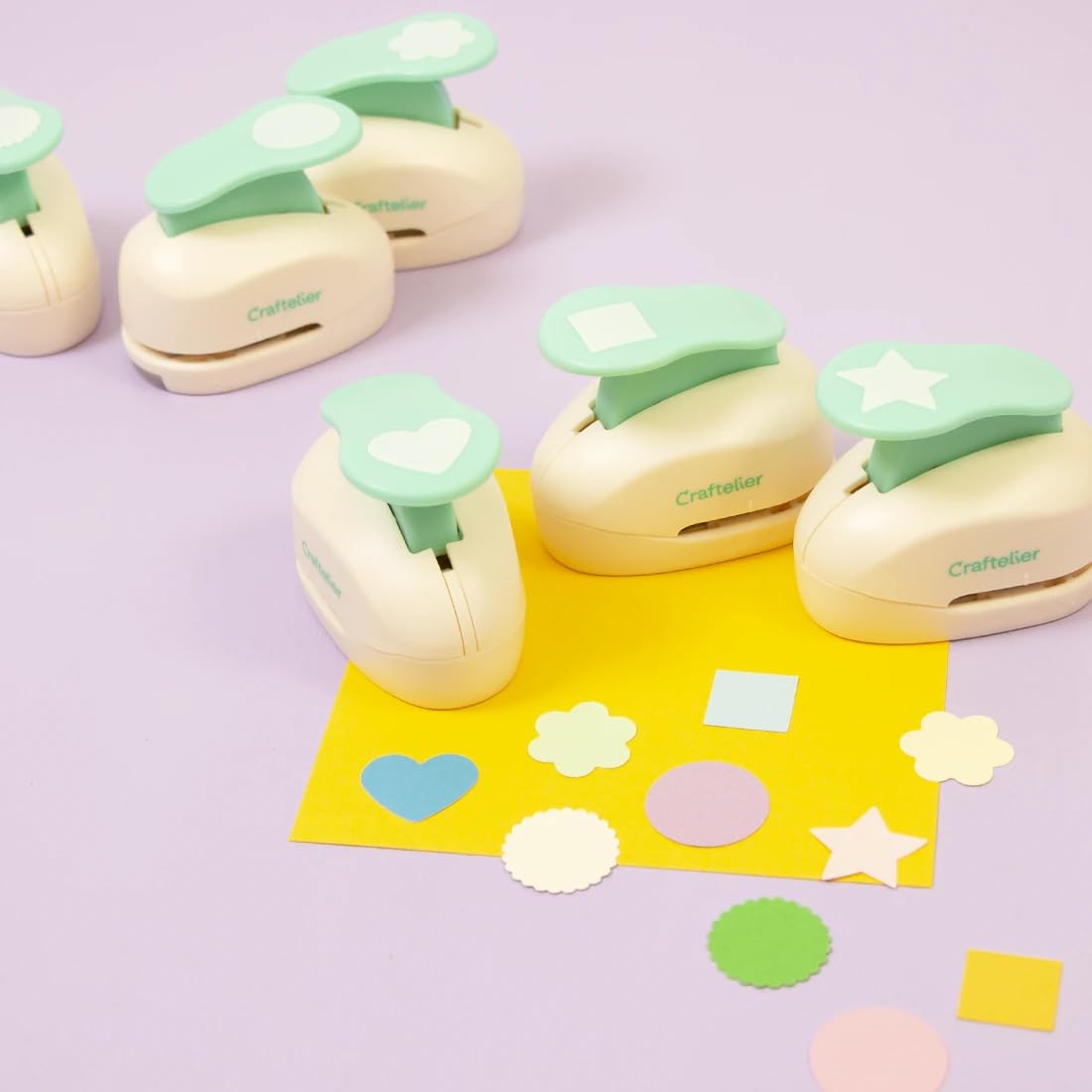 Craftelier - 1 inch Hole Punch Set of 6 for Paper Crafts + 10 Cardstock Colored Paper | Circle, Star, Heart, Scalloped Circle, Square & Flower | Punch Sets for Scrapbooking & Cardstock.