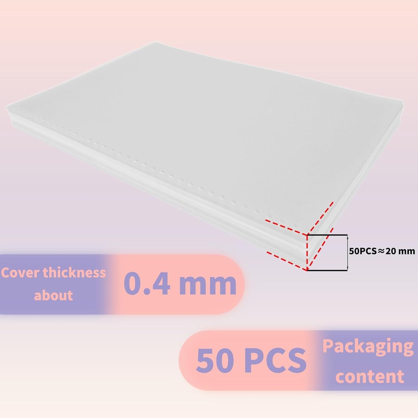 Rayson Pre-Punched PP Plastic Binding Cover, Frosted Finish, 34 Square Holes, Letter Size 8.27 × 11.75 Inches Matte Binding Cover - 50/Pack
