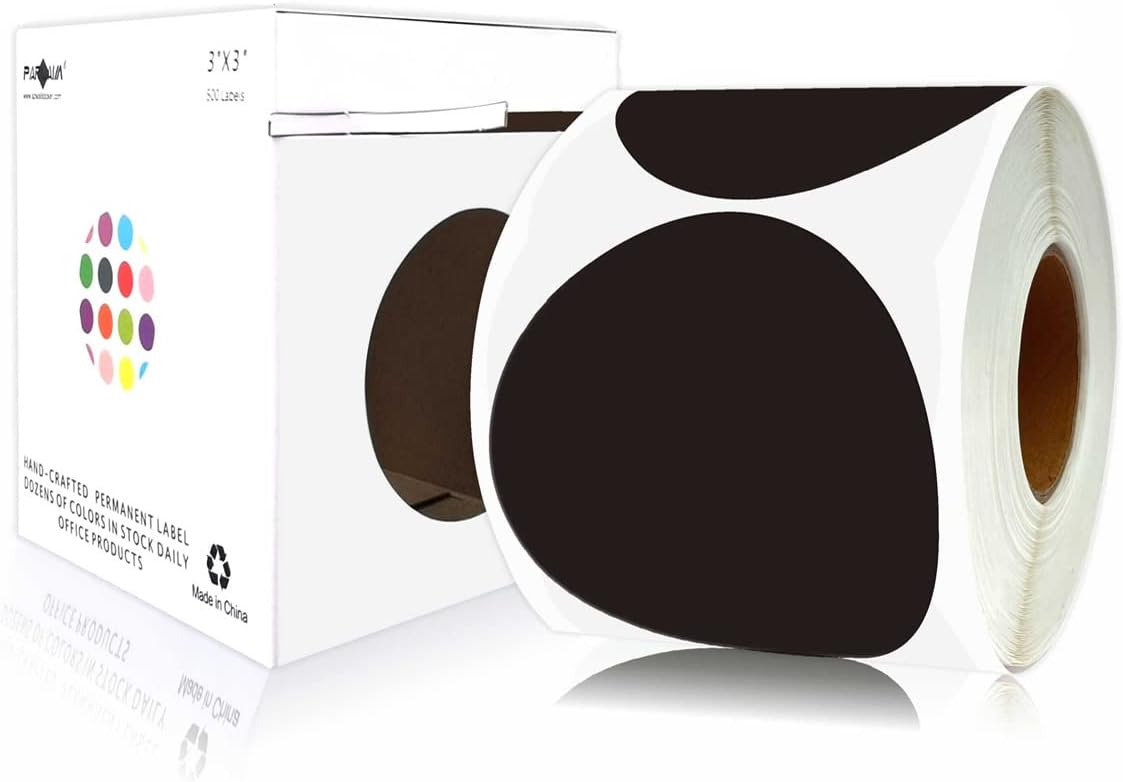PARLAIM 3 Inch Round Color-Code Dot Stickers, 500 Color Coding Circle Labels per Roll Dispenser Box for Inventory, Black