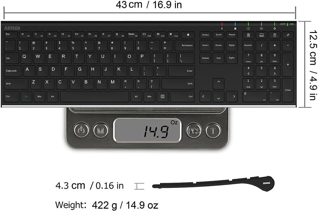 Arteck 2.4G Wireless Keyboard Stainless Steel Ultra Slim Full Size Keyboard with Numeric Keypad for Computer/Desktop/PC/Laptop/Surface/Smart TV and Windows 10/8/ 7 Built in Rechargeable Battery