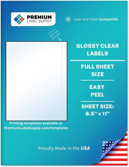Premium Label Supply Full Sheet Glossy Clear Labels – 8.5" x 11" – Laser/Inkjet Compatible – 1000 Sheets - Letter Size