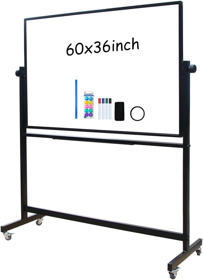 XIWODE 36x60 Large Magnetic Dry Erase Whiteboard with Stand - Double-Sided Freestanding Rolling Board, Flippable Design for Writing & Display, Black Frame for Office, Classroom, Home, Presentations