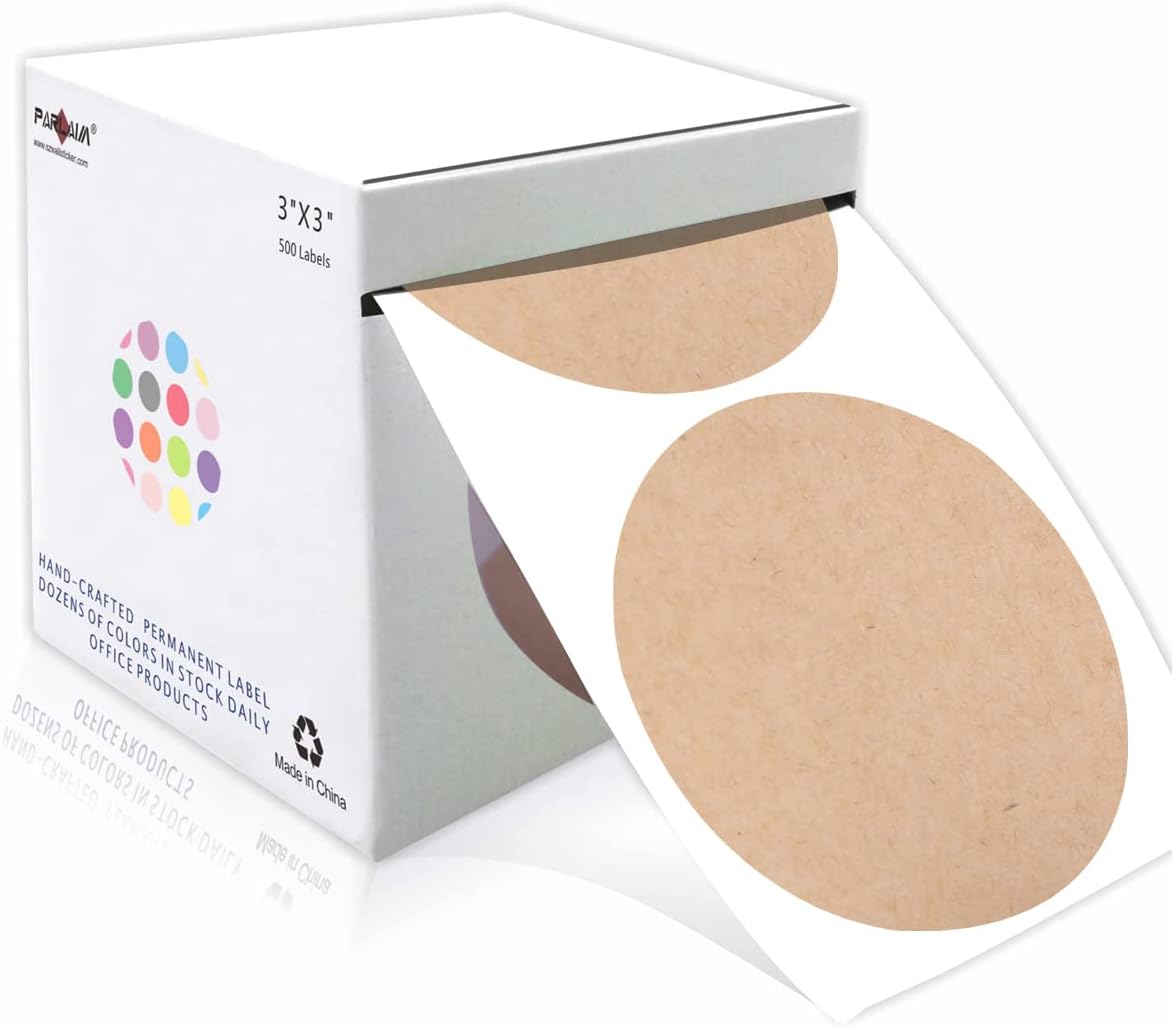 PARLAIM 3 Inch Round Color-Code Dot Stickers, 500 per Round Color Code Labels,Kraft Paper Dispenser Box Roll dots Label Inventory Circle Stickers（Kraft ）