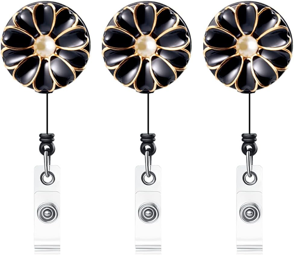 Retractable Badge Holder, ID Badge Reel with Pearl, 3 Pack (Black)