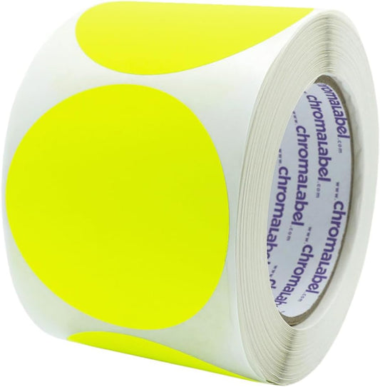 ChromaLabel 3 Inch Circle Sticker Labels, High Visibility Round Colored Stickers, Permanent Labels - 500 Sticky Dots per Roll, Fluorescent Yellow Dot Stickers