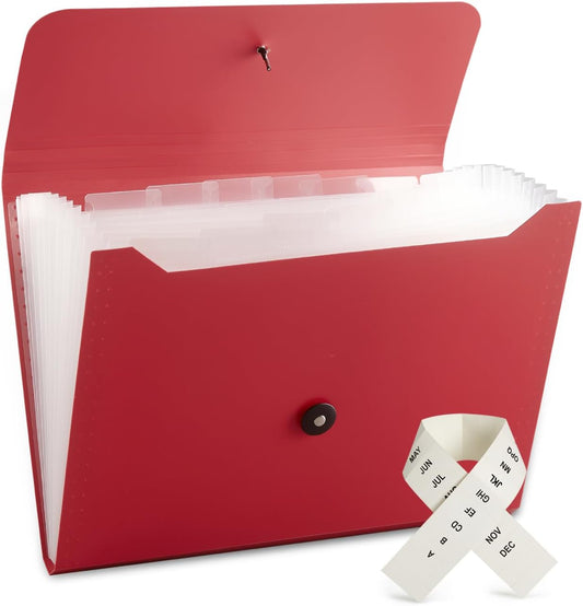 Expanding File Folder with 13 Pockets, Red, Polypropylene, 12.99" x 9.45" x 1.1"