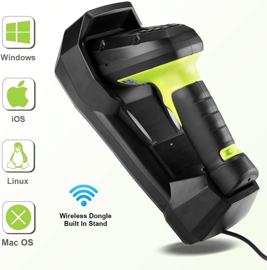 2D Wireless Barcode Scanner, Portable Inventory Scanner & Data Collector with 2.0 Inch LCD Screen and 2.4G Wireless Dongle Built in Stand for Warehouse, Express, Library,Pharmacy,Supermarket
