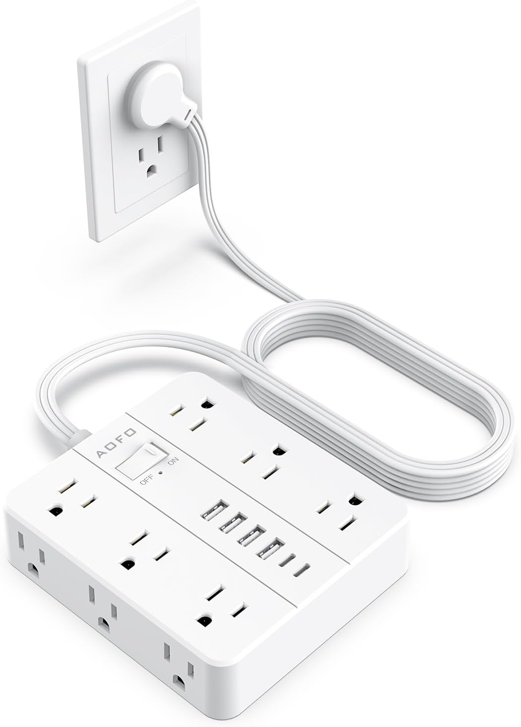 10FT Surge Protector Power Strip,12 AC Outlets with 6 USB Ports (2 USB-C), Flat Plug Extension Cord with Multiple Outlets, Wall Mount for Home Office,Dorm,White