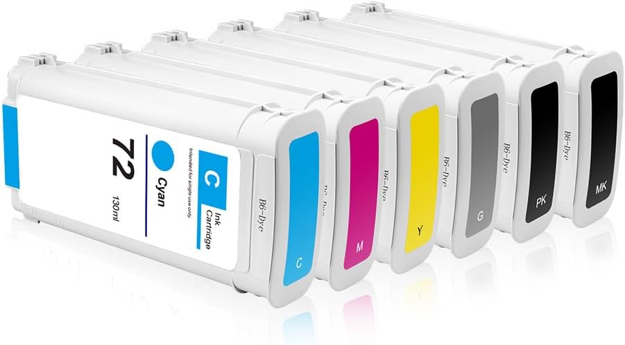 High Yield 72 Ink Cartridges C9403A C9370A C9371A C9372A C9373A C9374A Replacement for HP 72 Ink Cartridges for T770 T790 T795 T610 T620 T1100 T1120 T1200 T1300 T2300 Printers Ink(6 Pack, 130ML)