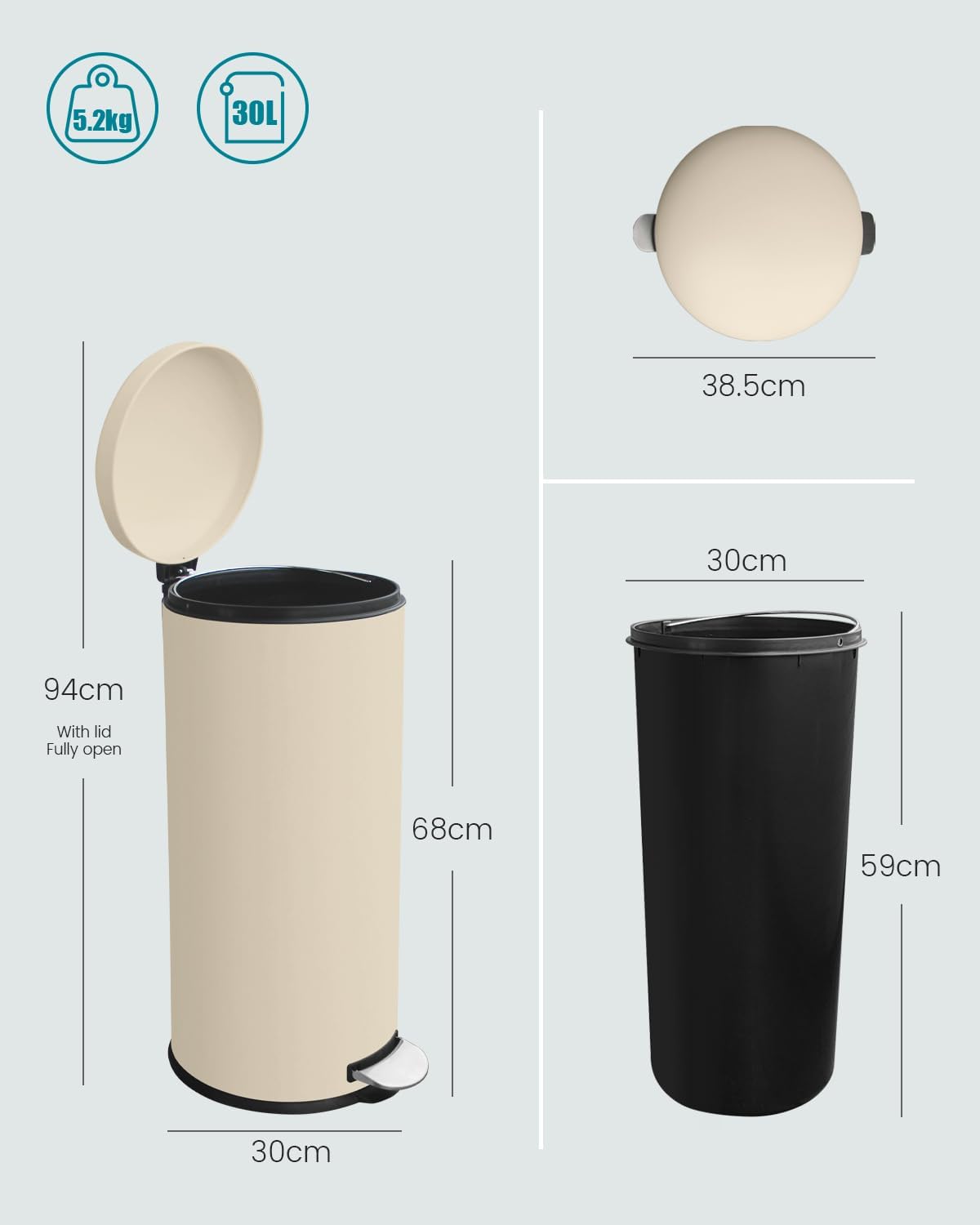 8 Gallon Trash Can, Tall Round Stainless Steel Garbage can with Removal Inner Liner, Soft Close lid, Step on Pedal Trash bin for Kitchen, Office, Living Room or Bathroom, Cream