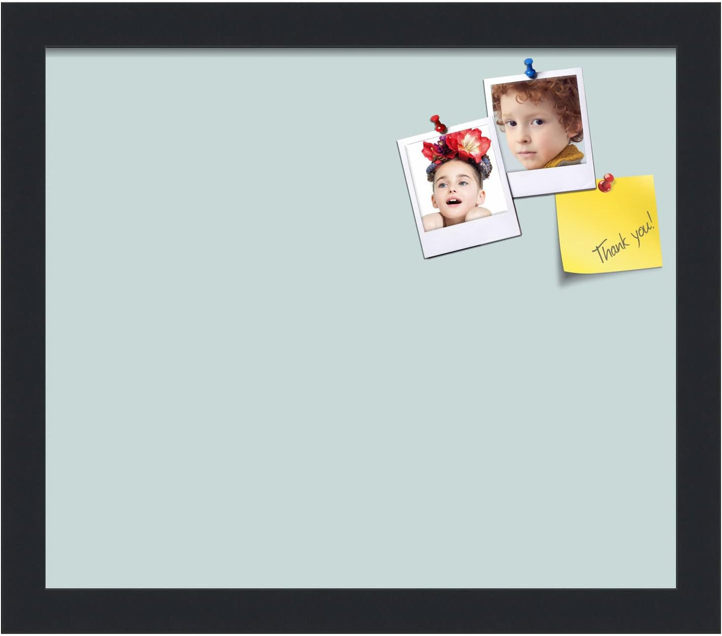 PinPix 14x12 Inch Cork Bulletin Board. This Decorative Framed Pin Board Comes with Soft Blue Design and a Satin Black Frame. Ideal for Home Office Decor or Message Board (PinPix-1814)