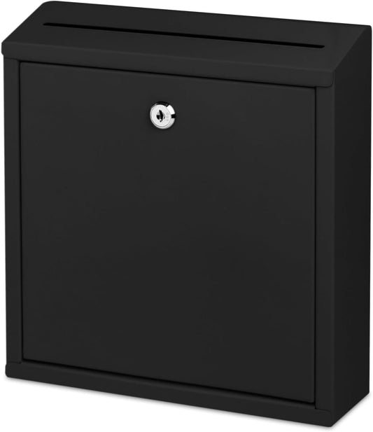 Suggestion Box with Lock and Slot, Wall Mounted Metal Drop Box with 4 Keys, Secure Locking Box for Cash and Ballots, Office Mailbox, 10.4 x 2.9 x 11 Inch, Black