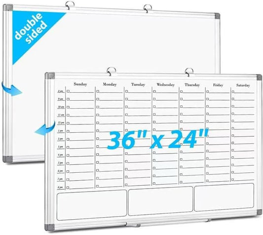 White Board Dry Erase Calendar for Wall, Magnetic Weekly Schedule-Board with Hourly Time Slots for Home, Office,Work, School, Hanging Double-Sided Whiteboard with Marker Tray, 36" × 24"