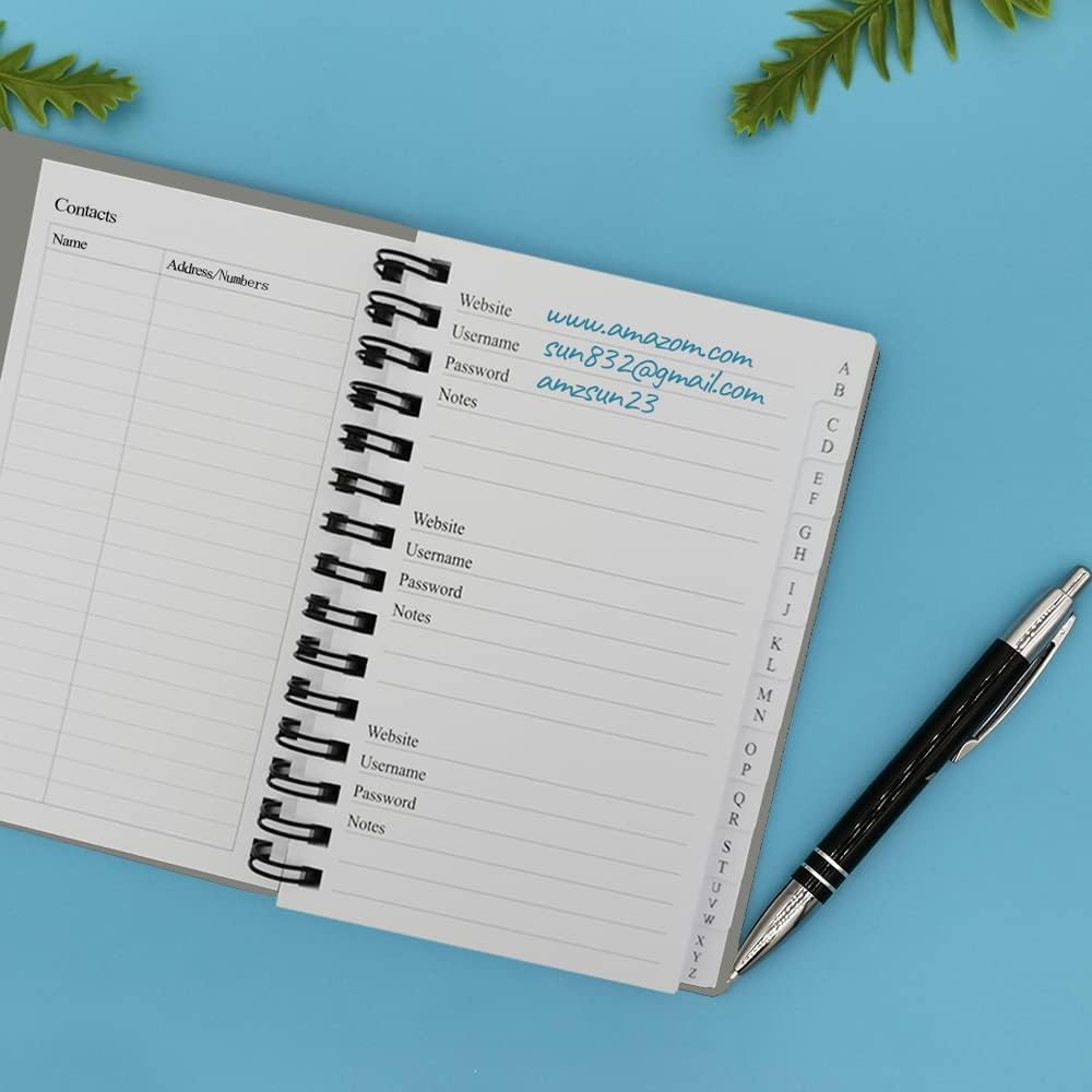 Spiral Password Book with Alphabetical Tabs - 3.5x5.25 inch Password Keeper with A-Z Tabs for Internet Login, Website, Username, Password. Grey Password Notebook for Home or Office