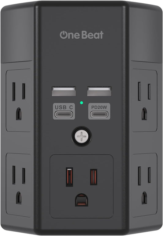 Surge Protector, 5 Outlets Extender with 4 USB Ports(USB C PD20W), 3-Side 1680J Power Strip Multi Plug Outlet Expander, USB Wall Charger, Outlet Splitter Adapter Wall Mount for Home Office(Black)