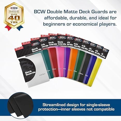 BCW Deck Guard - Double Matte Card Sleeves | 500 Count Box (10 Packs of 50 Sleeves) |Acid-Free, No PVC | Fits 2.5" x 3.5" Game Cards | Archival Safe Sleeves for Card Protection (Black)