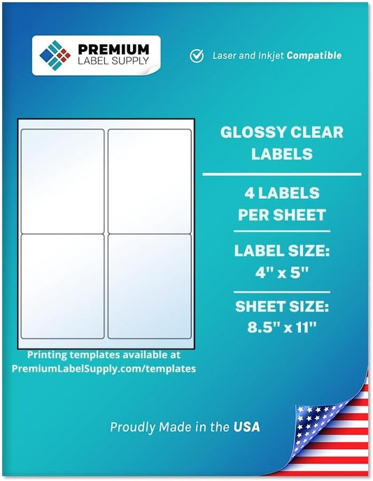 Premium Label Supply Glossy Clear Labels – 4" x 5" – Laser/Inkjet Compatible – (4 per Sheet), 500 Sheets – 2,000 Total Adhesive Labels