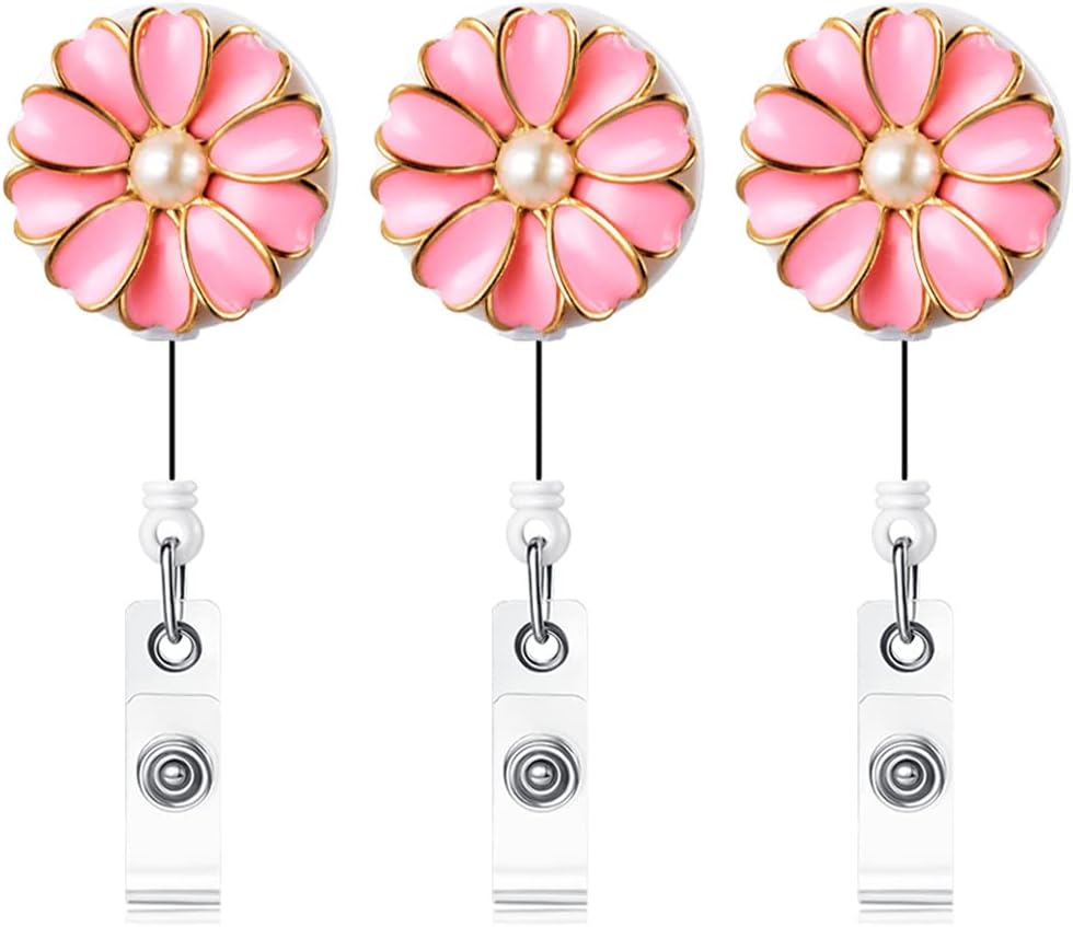Retractable Badge Holder, ID Badge Reel with Pearl, 3 Pack (Pink)