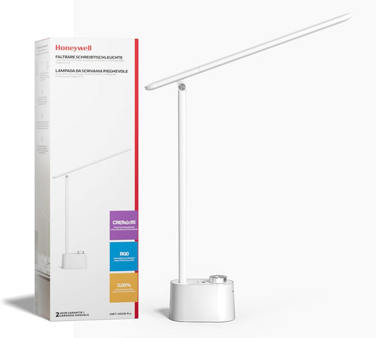 Honeywell Upgraded LED Desk Lamp - H01 Pro Sunturalux™ Foldable Desk Light with USB A+C Charging Port, 3 Color Modes Dimmable Table Lamp for Home Office Reading(White)