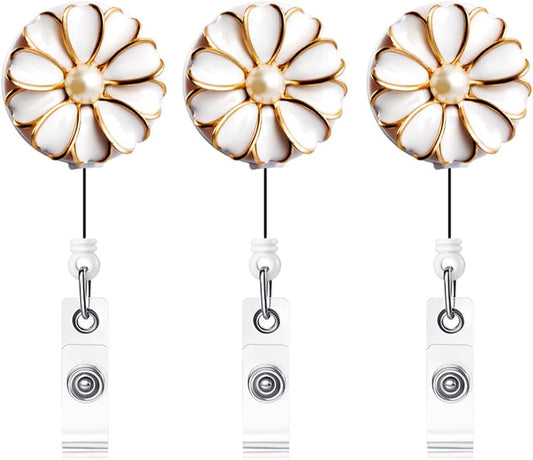 Retractable Badge Holder, ID Badge Reel with Pearl, 3 Pack (White)