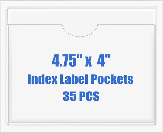 Origin-Joy 35 PCS Self Adhesive Index Card Pockets with Top Open, Clear Plastic Label Holder for Cards of Note, Library and Business, Adhesive Label Pockets & Card Holder (4.75 x 4 inch)