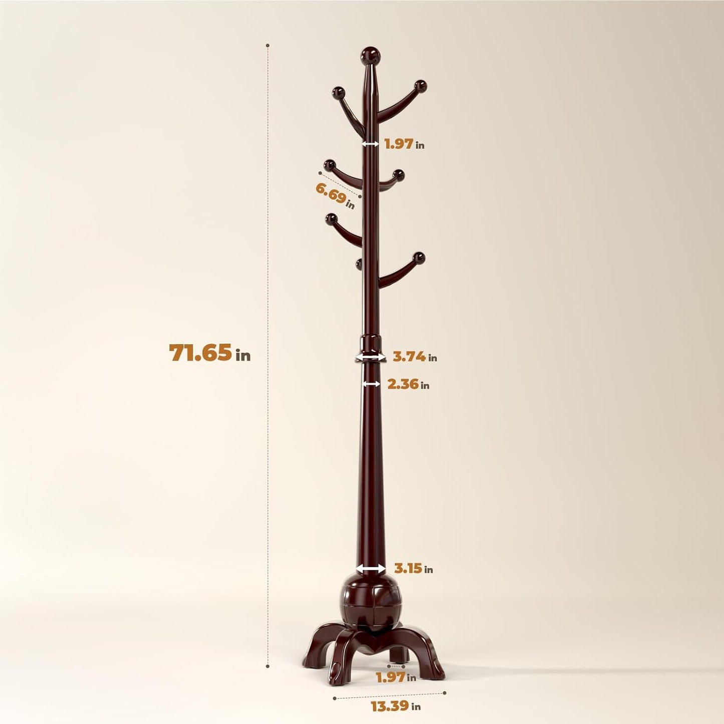 Wood Coat Rack Freestanding, Solid Wooden Hall Tree with 8 Hooks, Coat Tree Freestanding Heavy Duty with Stable Base, Entryway Hallway Bedroom Office Use, 240lbs Load Capacity H:71.6in (Black-Red)