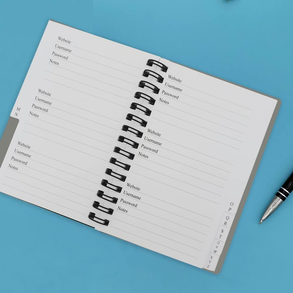 Spiral Password Book with Alphabetical Tabs - 3.5x5.25 inch Password Keeper with A-Z Tabs for Internet Login, Website, Username, Password. Grey Password Notebook for Home or Office